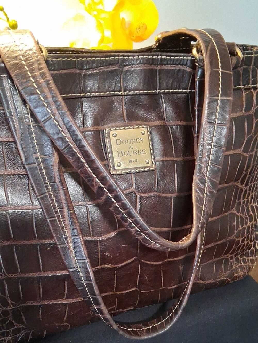 Dooney & Bourke Dark Brown Croc-Embossed Leather Tote with Gold Plaque - Picture 2 of 16